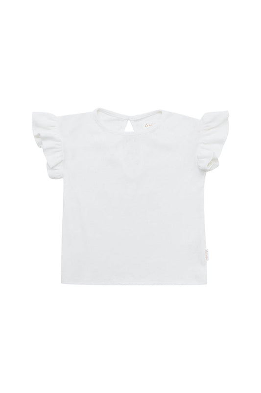 POINTELLE T-SHIRT MIT RÜSCHEN | WEIß